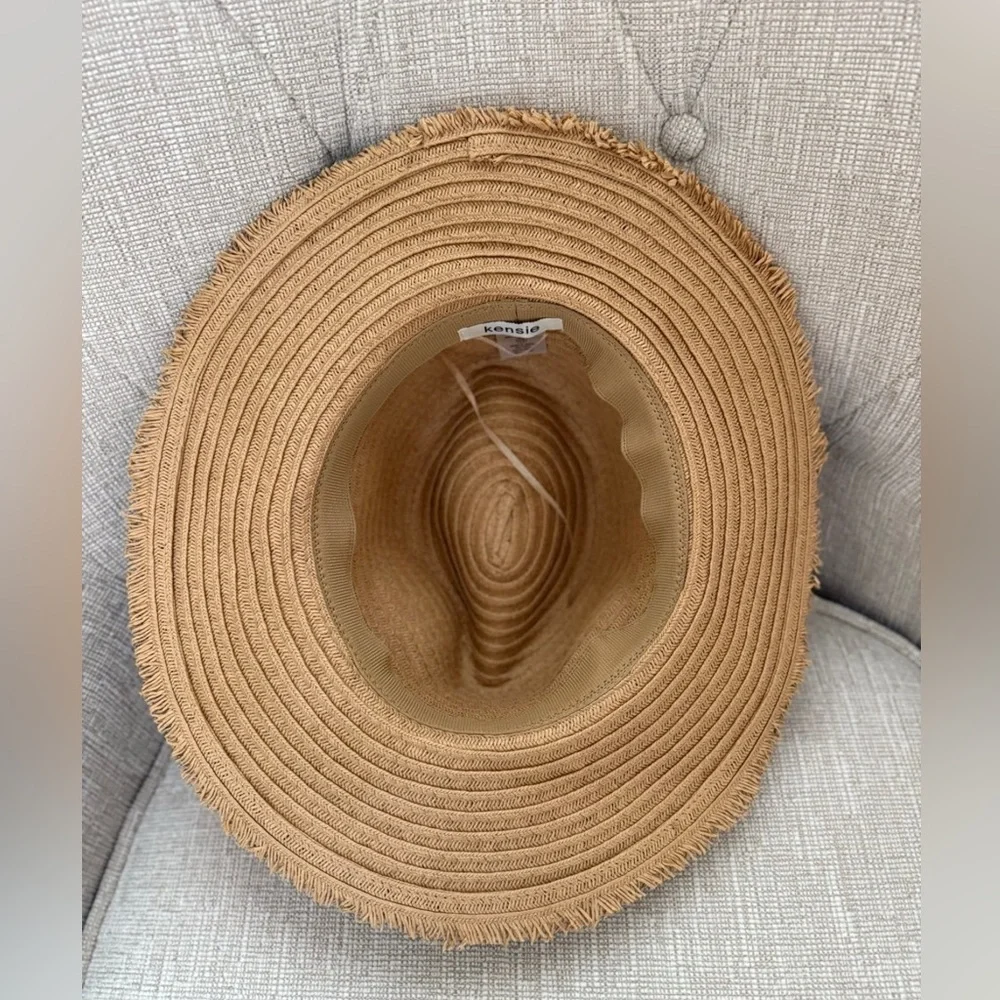 Kensie Tan Straw Sun Hat with Gold Thread Polka Dots on Cream Colored Hat Band